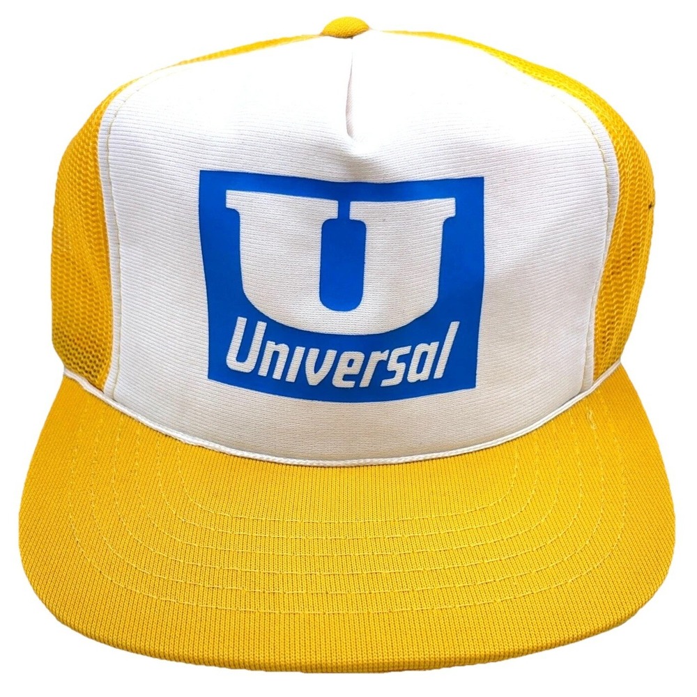 Vintage  Universal Tires Trucker Hat Cap Yellow White 80s 90s Trucking Snap Back